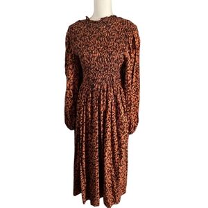 Smocked 3/4 Sleeve Black & Brown Prairie Midi Dress EUC Size S
